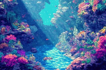 Fototapeta premium Vibrant Pixel Art Depicts Underwater Coral Reef Scene