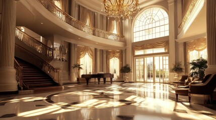 Obraz premium Grand mansion's opulent foyer with curved staircase, marble floor, large windows, and elegant furniture.