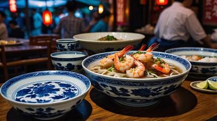 Discovering the flavors of a vibrant night market with deep ceramic dishes filled with succulent shrimp and fresh ingredients