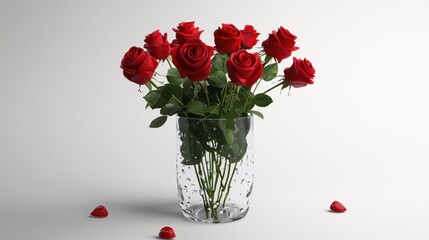 Obraz premium Elegant Arrangement of Fresh Red Roses in a Clear Glass Vase on a Light Background