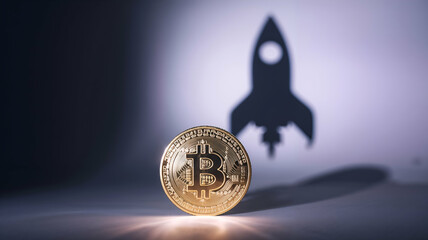 Bitcoin Cryptocurrency with Rocket Shadow, Symbol of Growth and Innovation