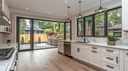 Modern kitchen with sliding glass doors opening to backyard patio.