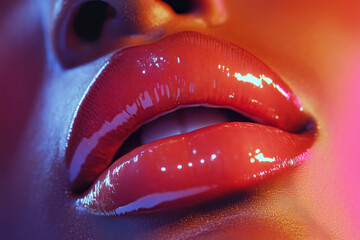 Valentine glamour closeup of glossy lips romantic setting beauty photography colorful lighting artistic viewpoint