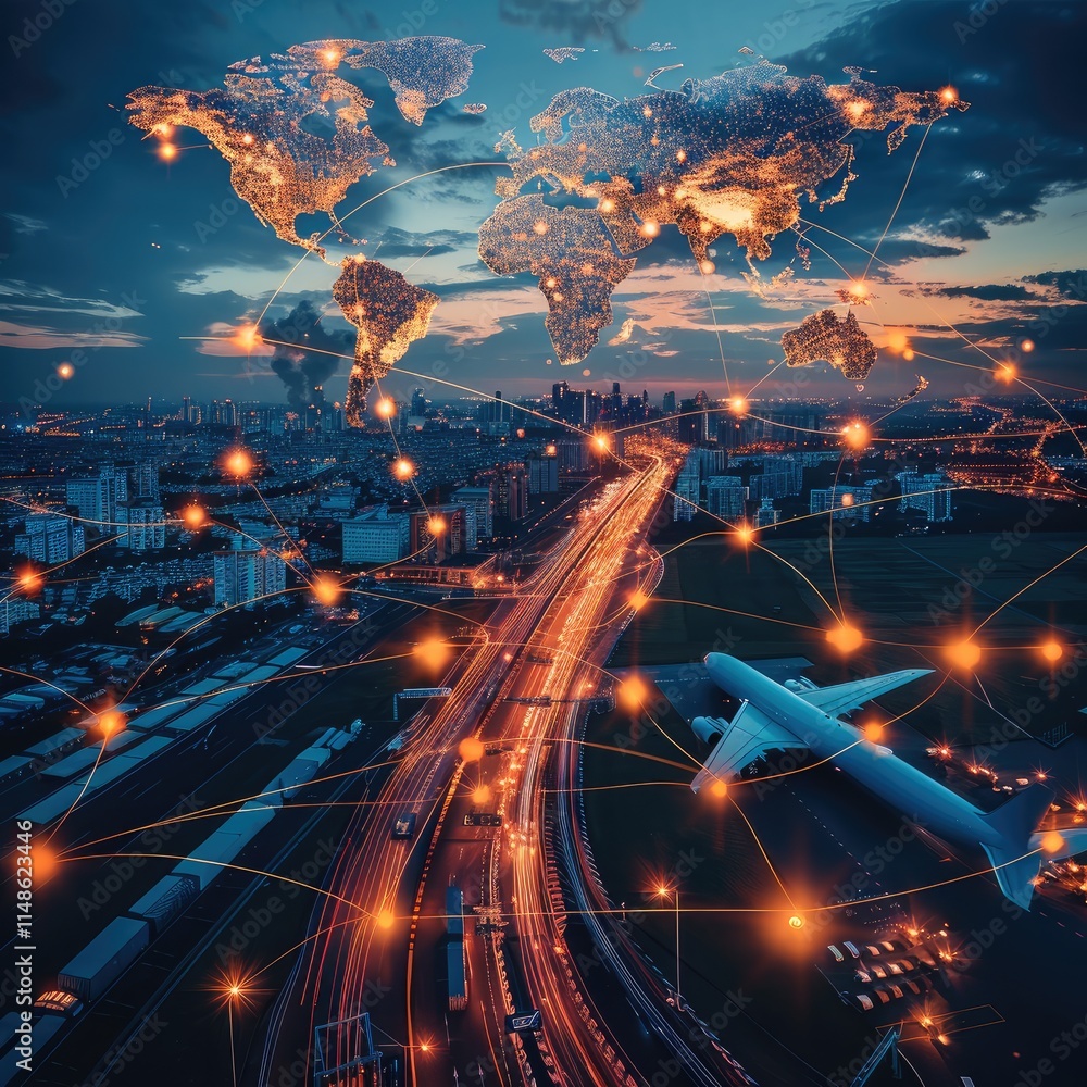 Leinwandbilder a stunning world map glowing with illuminated trade routes connecting multiple continents. the scene