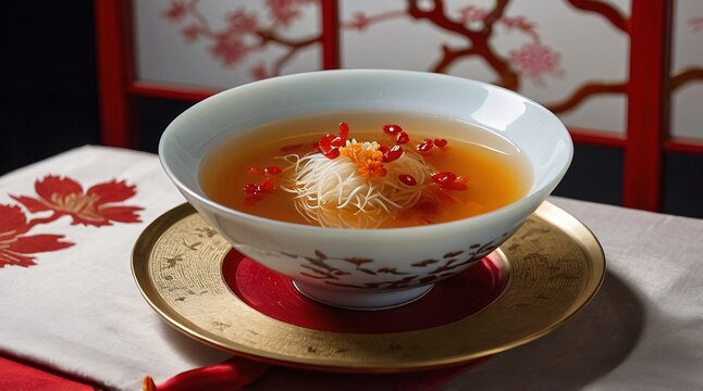Delicate bowl of bird's nest soup elegantly displayed on a gold platter surrounded by traditional decor showcasing culinary artistry