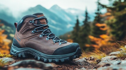 Brown hiking boot on a rock in mountain landscape.