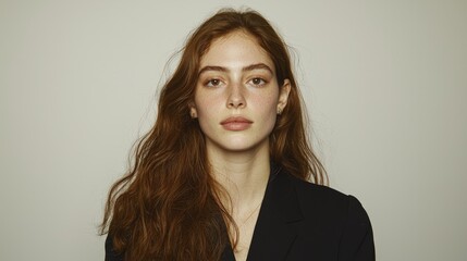 Fototapeta premium Portrait of a young woman with long wavy brown hair wearing a black blazer against a neutral grey wall.