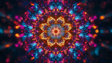 Colorful kaleidoscope pattern showcasing vibrant lights and intricate shapes.