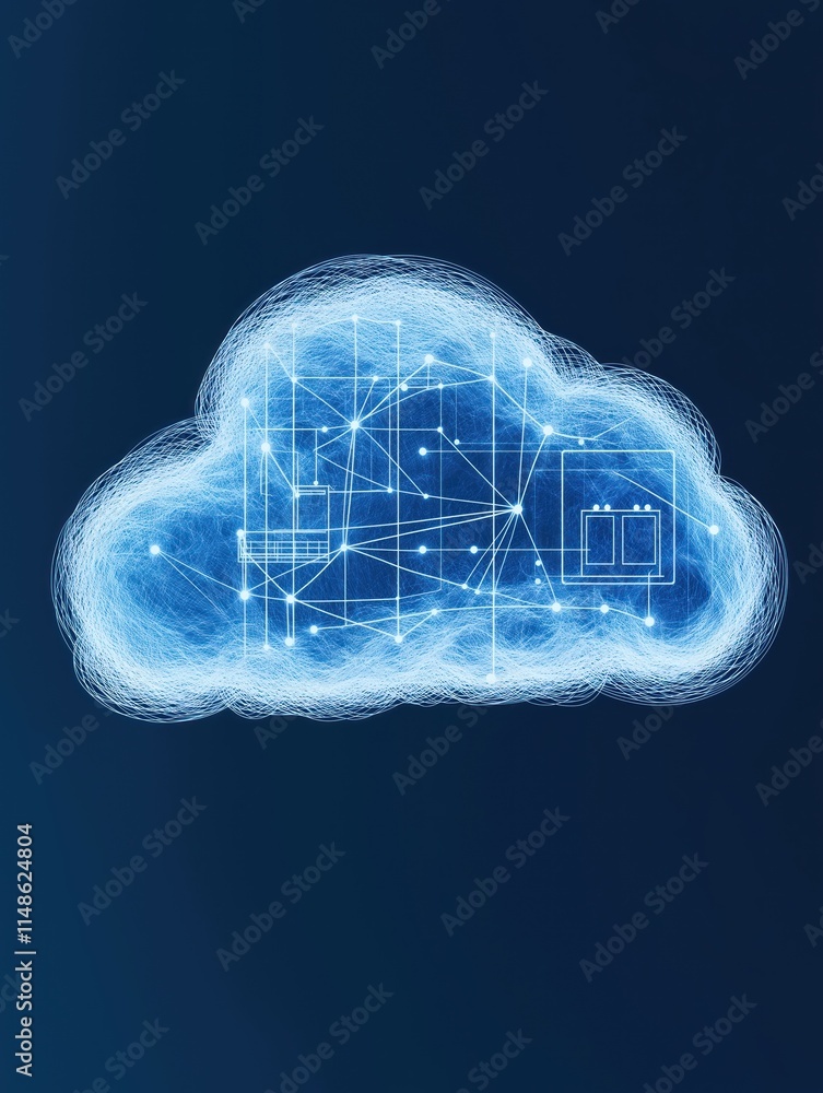 Poster futuristic cloud computing infrastructure visualized as cloud shape with interconnected virtual mach