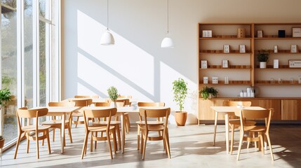 Modern Cafe Interior Design with Wooden Furniture and Sunlight