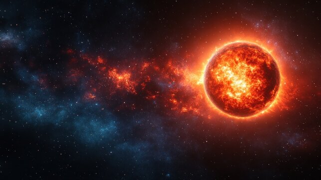 Burning planet in fiery nebula space.