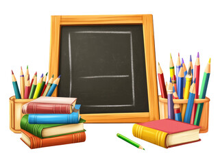 Fototapeta premium Colorful School Supplies with Blank Chalkboard on Transparent Background
