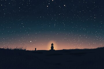 Silhouetted Lighthouse Underneath a Starry Night Sky