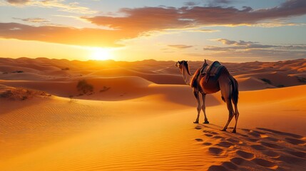 Camel in desert at sunset. (1)