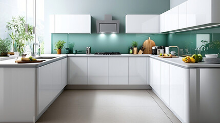Minimalist modern kitchen with all-white cabinets and a vibrant teal backsplash, enhanced by stainless steel appliances.