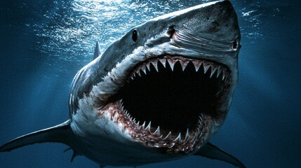 Obraz premium Great white shark underwater, mouth open, showing teeth.