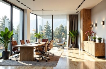 Fototapeta premium create me a hero image for my serviced offices website, make it beautiful bright NATURAL light, MAKE IT FEEL FRESH MODERN ELEGANT, lovely furniture, desks 