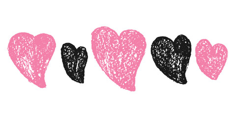 Hearts set. Crayon romantic elements. Love signs grunge icons. Textured pink and black vector charity or kind symbols shapes drawn by charcoal or graphite pencil illustration on white background.