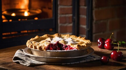 Delightful golden flaky cherry pie resting on a rustic wooden table near a cozy fireplace, inviting warmth and indulgence on a chilly evening