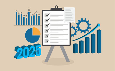 A strategic planning visual for 2025, featuring a checklist, charts, gears, and rising graphs symbolizing growth and progress.