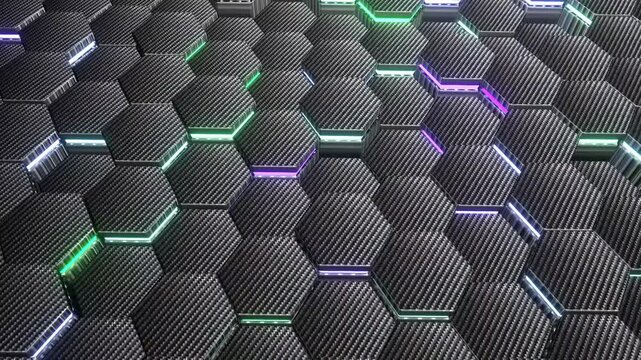 13 seconds 4K seamless looping video of carbon fiber hexagon tiles moving up and down with rim lights, futuristic technology background powerpoint slides presentation 