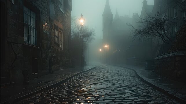 A street during blackout, faint gaslight illuminating cobblestones. The air feels haunted, mist swirling.