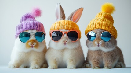Playful bunnies wearing colorful hats and sunglasses indoor fun