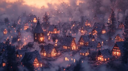 Enchanted Winter Village: A Fantasy Town at Dusk