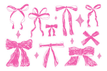 Crayon bow, ribbon set with sparkles. Chalk drawing y2k bands. Pink coquette aesthetic bowknots. Girly present elements. Vector illustration isolated on white background.