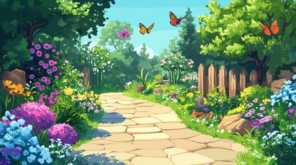 Colorful garden pathway surrounded by blooming flowers and butterflies on a sunny day
