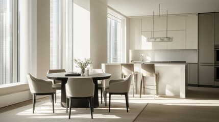 Fototapeta premium Modern minimalist breakfast nook with clean, cozy design. Featuring neutral tones and sleek furnishings