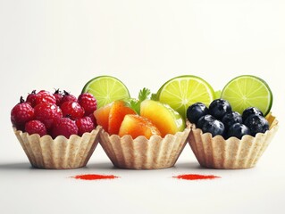Three mini tarts filled with raspberries, peaches, and blueberries, garnished with lime slices and a dash of spice.