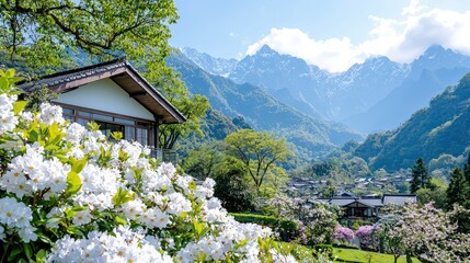 Fototapeta premium Mountain village scene with blooming rhododendrons and traditional house.