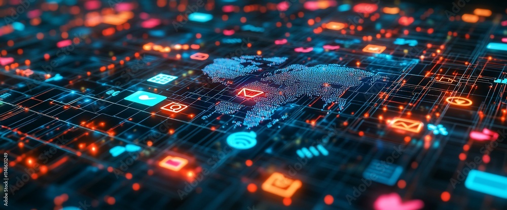 Poster digital world map with glowing icons representing technology and connectivity.