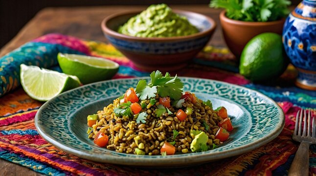Gourmet escamoles ant dish beautifully plated with fresh vegetables and vibrant colors in a rustic setting