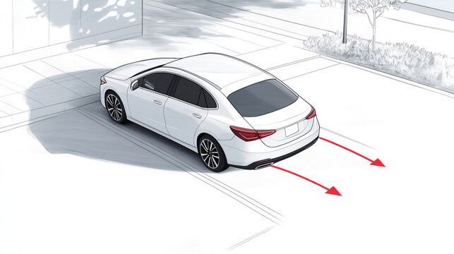 White car parks parallel to curb. System guides car using sensors. Illustration shows parking assist tech. Modern tech helps vehicles park safely. Auto tech innovations. Parking assistance system.