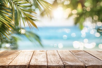 A serene beach scene with wooden table and blurred ocean background.