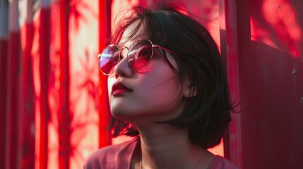 Fototapeta premium A Woman Wearing Sunglasses in Front of Red Panels