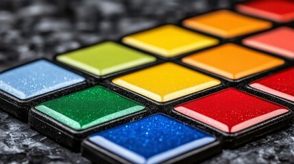 Fototapeta premium Vibrant Color Palette of Sparkling Ink Pads in a Grid Arrangement