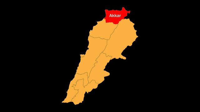 Akkar map animated video. The location is highlighted on the Lebanon map. Colour map with transparent background in video format.