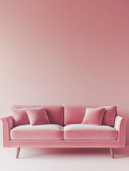 Pink velvet sofa against pastel pink gradient background