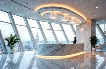 Fototapeta premium Curved marble reception counter is standing in an office hall with panoramic windows with triangular frames and squarish ceiling lamps. Futuristic design
