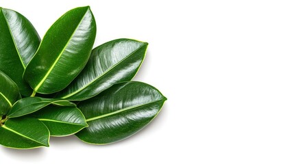 Lush Green Ficus Elastica Leaves on White Background