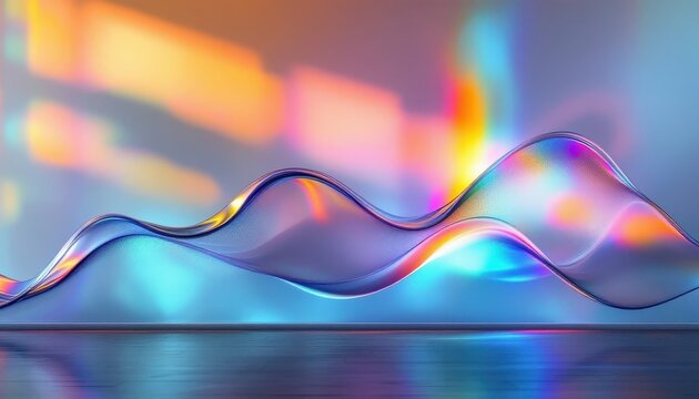 Abstract iridescent landscape Digital art vibrant colors flowing waves smooth surface reflective floor  modern design