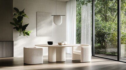 Modern minimalist breakfast nook with clean, stylish design. Featuring neutral tones and sleek furniture