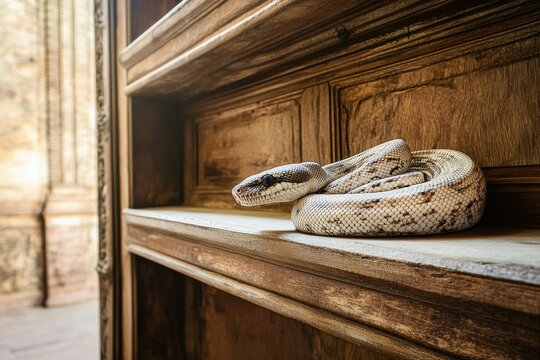 Coiled python resting on wooden shelf with warm ambient light highlighting its pattern