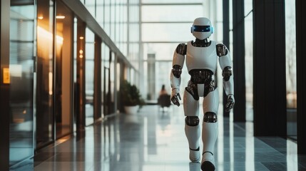 Humanoid Robot Walking Through a Modern Office Building