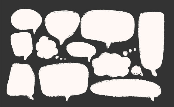 Speech bubbles set. Crayon doodle text. Chat dialog boxes. Comic talk textboxes by chalk or pencil isolated on dark background. Childish style quotation balloon. Vector hand drawn illustration.
