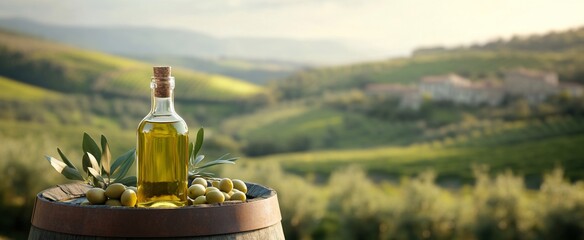 A bottle of olive oil on a barrel with a scenic landscape backdrop.