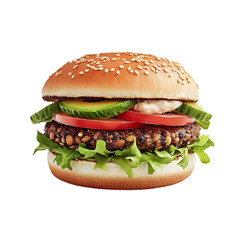 A delicious burger featuring a lentil patty, fresh vegetables, and sesame seed bun.